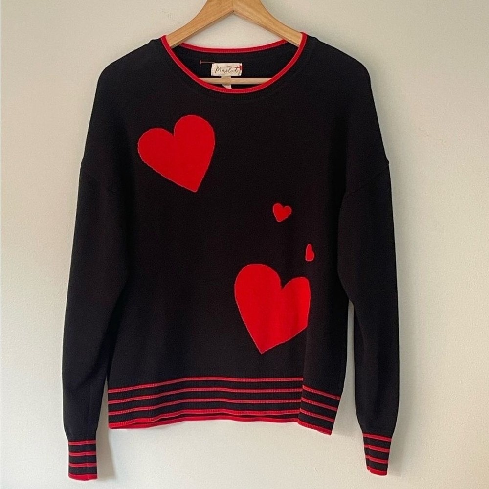 Marled Reunited Clothing Heart Print Round Neck Long Sleeve Black Red Sweater XS